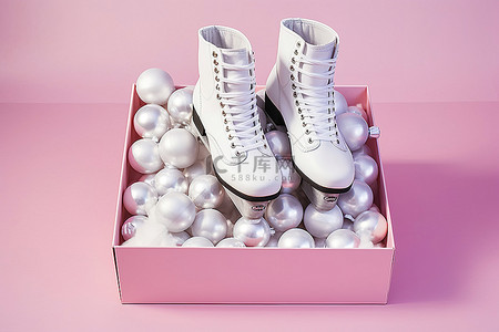 白色溜冰鞋堆放在一个装满球的盒子里