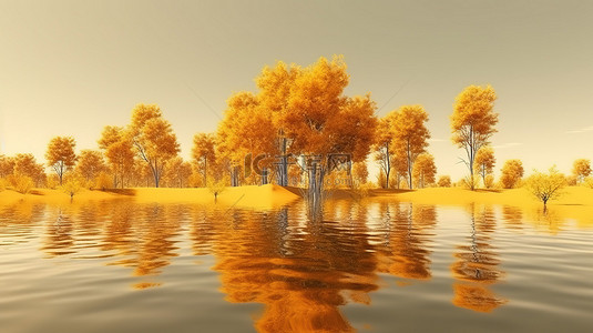 红黄水彩泼墨背景图片_夏季景观 3D 渲染黄树草和湖水倒影