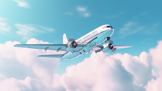 一架翱翔的淡蓝色飞机映衬着梦幻般的天空 3D 渲染
