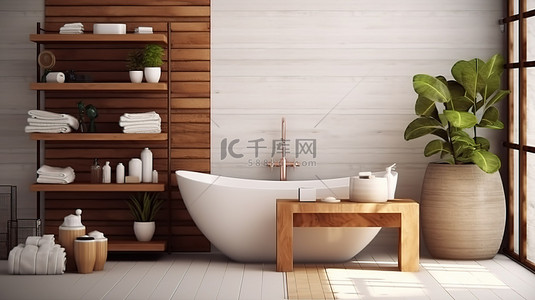 浴室内的木架和浴室配件，配有浴缸和浴袍 3D 渲染