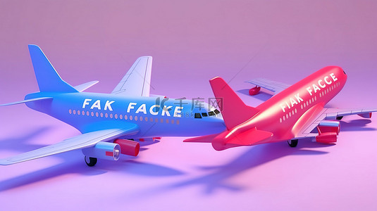 揭穿 3D 渲染中淡紫色背景上的飞机神话蓝色和红色气泡
