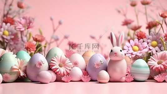 逼真的 3D 复活节场景，装饰有鸡蛋花和兔子耳朵