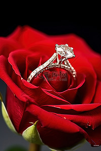 一朵红玫瑰，上面有订婚戒指