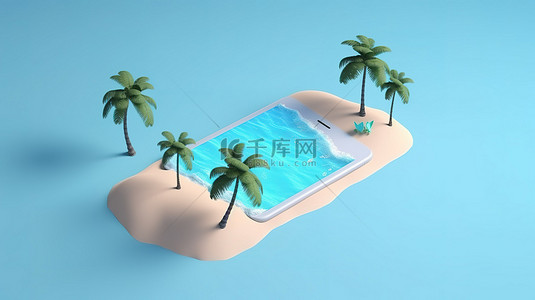 棕榈树蓝色海洋和智能手机与云的等距海滩绿洲 3D 插图