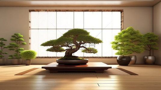 客厅的 3D 渲染，矮桌木地板和榻榻米垫上有盆景