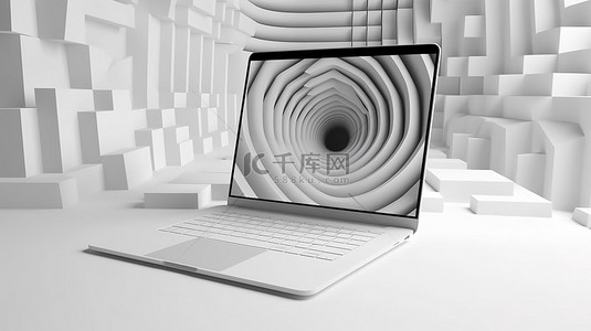 模板模型中圆形图案背景上开放式白色笔记本电脑的 3D 渲染