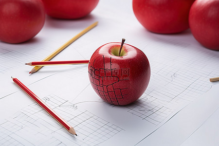 水果教育背景图片_一个红苹果坐在一些纸和红铅笔上