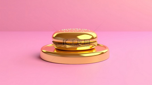 粉红色背景上的 3D 金色汉堡的简单性