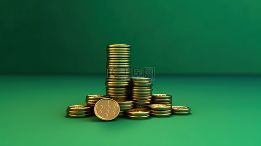 手机绿色背景背景图片_简化的银行概念，以绿色背景 3D 渲染图像上的硬币为特色