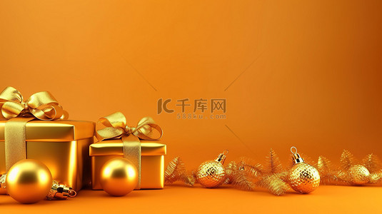 金色背景上节日圣诞装饰品的 3D 插图