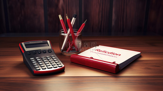 木桌上禁止的计算器笔和管理书 3d 渲染