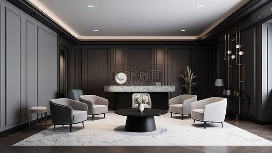 带休息室和会议椅的现代酒店办公室接待处的时尚 3D 渲染