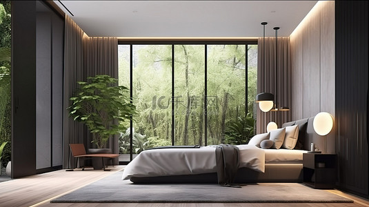 通过 3D 渲染和插图中的花园式室内场景增强现代酒店卧室的自然氛围