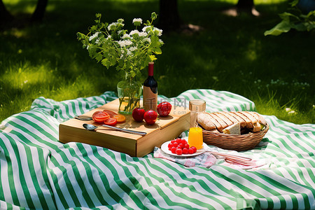 野餐桌背景图片_草地上有食物的野餐桌