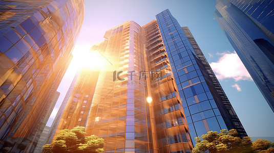 当代企业背景图片_具有 3D 渲染镜头光晕的当代商业房地产大厦