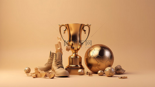 隐形冠军背景图片_冠军荣耀 3d 金奖杯，带足球鞋哨子和米色背景几何元素