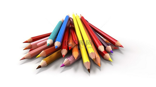 色彩鲜艳的文具必需品彩色铅笔墨水笔的 3D 插图和白色背景上的经典红色带状铅笔