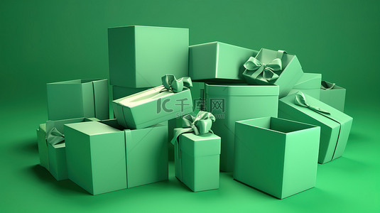 黄色礼物盒子背景图片_绿色背景展示 3d 渲染的礼品盒