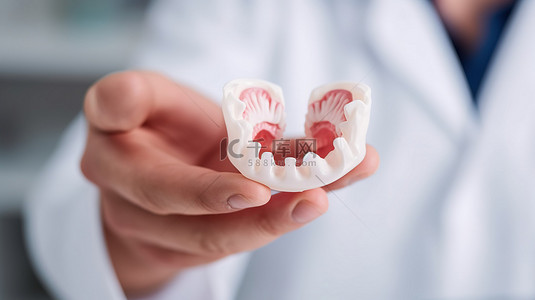 身穿实验服的医学生检查 3D 打印假牙