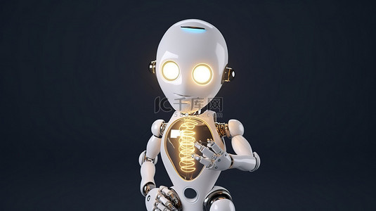 灯泡可爱背景图片_3d 渲染可爱的 ai 机器人与灯泡伴侣