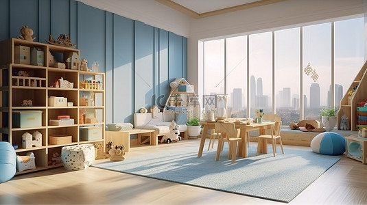 儿童景墙背景图片_公寓或家中儿童卧室和起居空间的 3D 渲染