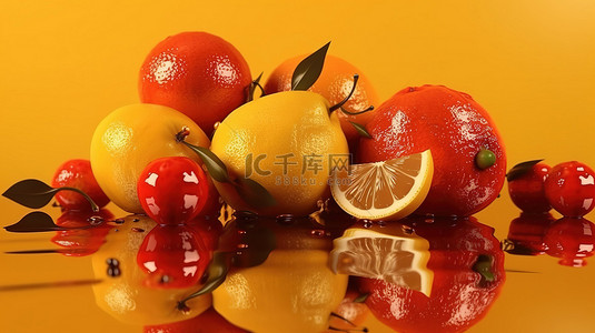 充满活力的 3D 渲染柠檬和樱桃，反映在橙色背景上，是一场清爽的水果盛宴