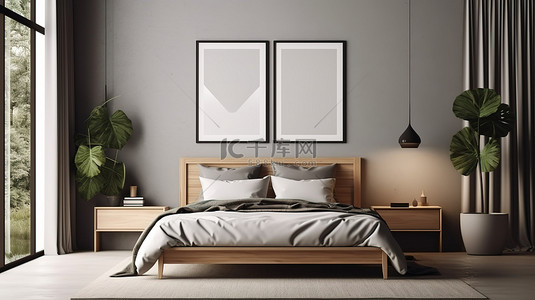 床海报背景图片_时尚卧室内部的 3D 插图，带有模拟海报框架