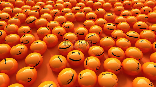 背景社区背景图片_在 3D 渲染中封装在有光泽的橙色药丸中的大量快乐表情符号