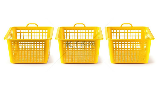 孤立的白色背景黄色购物篮集的 3D 渲染