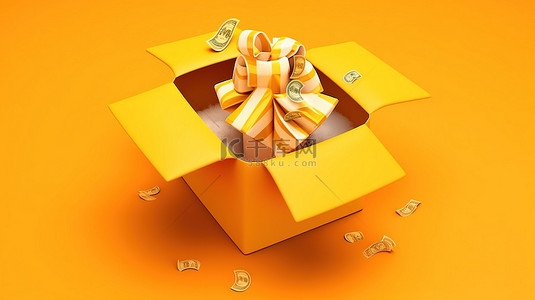 黄色背景上的简约惊喜包打开礼盒，配有现金和 3D 卡片