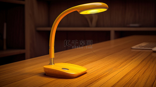 一张木桌，由 3D 渲染的黄色 LED 传感器台灯照明