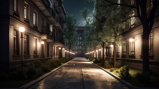 令人惊叹的邻里 3D 渲染公寓，带有走道道路和路灯