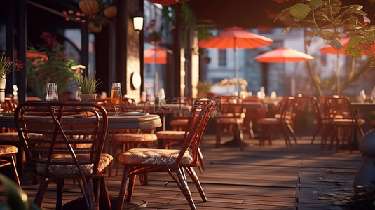 餐厅阳台背景图片_一个诱人的户外咖啡点或餐厅的 3D 插图