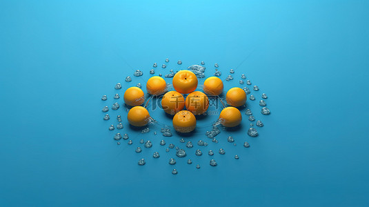 切片橙子和蓝色背景中出现的黄色小球体的 3D 渲染