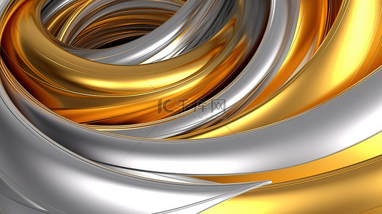 黄金螺旋背景图片_金银色调抽象螺旋背景的 3D 插图