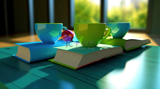 蓝绿色色调 3D 空间中的咖啡杯和书籍