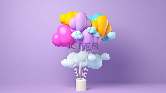 充满活力的夏日氛围彩色气球和云彩在紫色背景 3d 渲染下