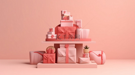 礼品u盘背景图片_在线商店讲台的 3D 渲染，其中包含用于促进销售和展示各种产品的礼品