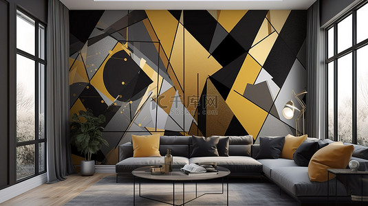 现代家居墙面装饰金黄色黑色和灰色几何形状3d壁画壁纸
