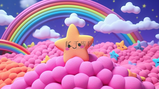 粉红色天空中彩虹星星和云彩的 3D 渲染卡通涂鸦