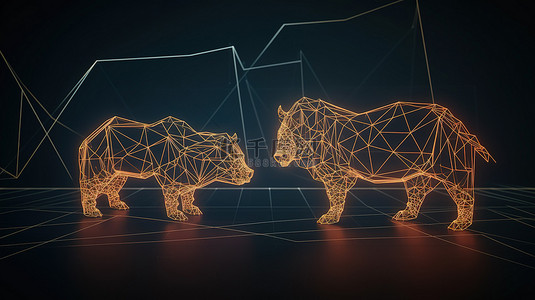 股市股市背景图片_3d 中的多边形牛市和熊市形式，装饰有叠加在股市图表上的线和点