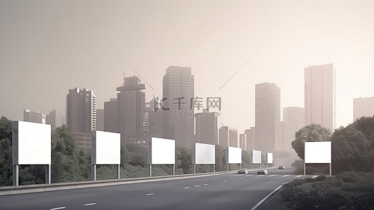 西藏旗帜背景图片_3D 插图中的道路广告展示城市天际线