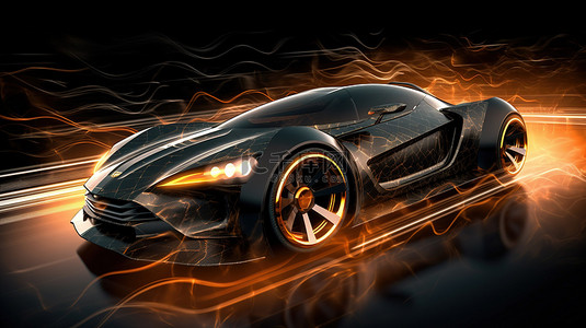 未来派黑色跑车，高速运动中带有垃圾覆盖 3D 插图
