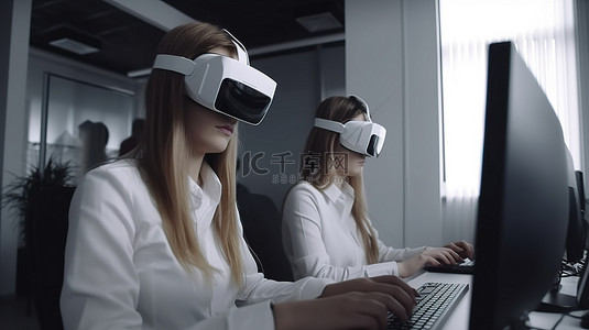 女同事在工作中享受虚拟现实体验