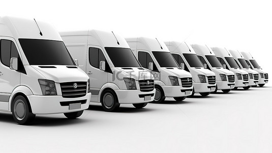一组停在白色背景上的无品牌白色货车的 3D 插图