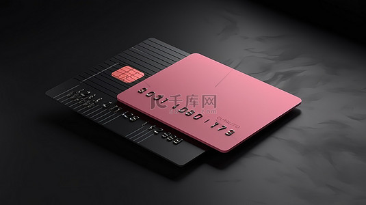 信用卡黑色背景图片_带有粉红色信用卡模板的黑色混凝土背景横幅的 3D 插图