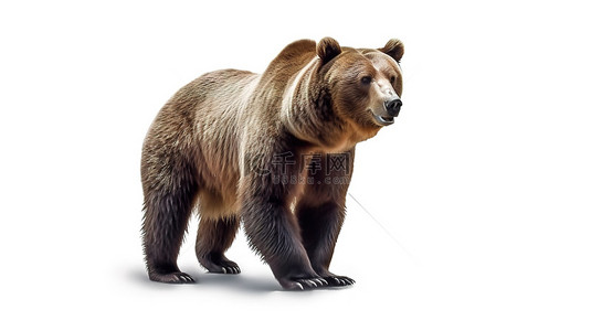 动物设计插图背景图片_一只孤独的棕熊跨过空白的白色画布的 3D 渲染