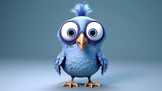蓝色可爱卡片背景图片_有趣的蓝色鸡，具有椭圆形短翼和 3D 插图中富有表现力的眼睛