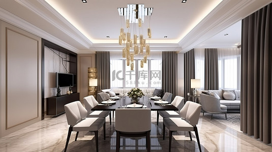 3d 渲染的餐厅和客厅采用豪华装饰和现代风格
