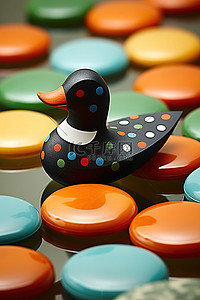 鸭背景图片_一只塑料鸭子坐在一张颜色交替的装饰床上